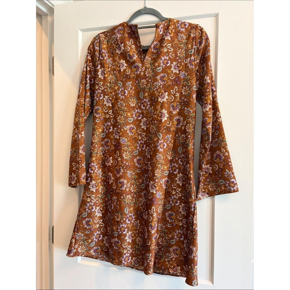 LOFT Rust Brown Floral Top with Purple and Cream Accents